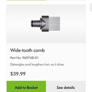Wide Tooth Comb Attachment for Dyson Nural Hair Dryer BRAND NEW NEVER USED